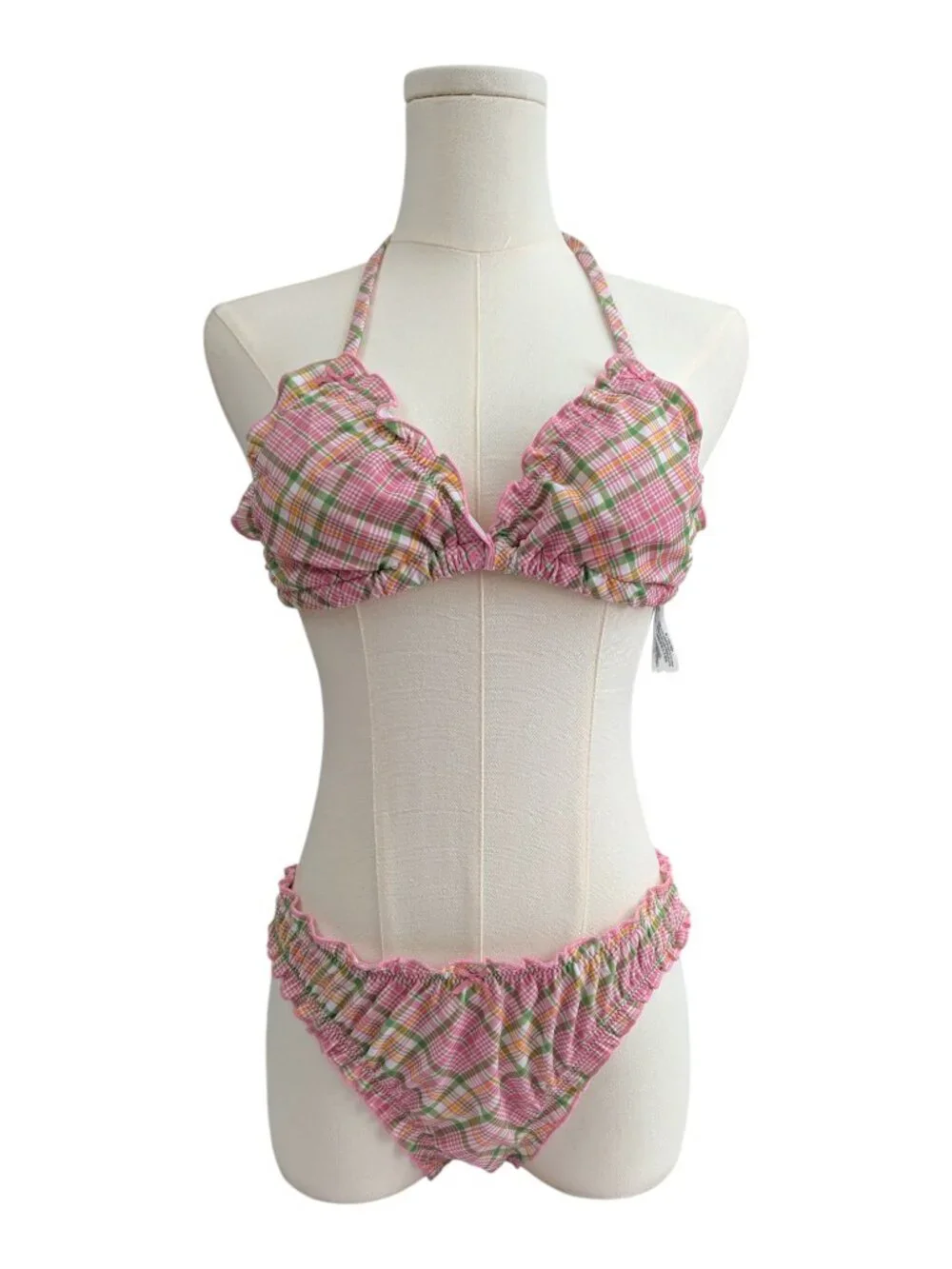 Pink X Frankie's Bikinis Pink Green Bikini Set Strawberry Plaid Ruffle Size M